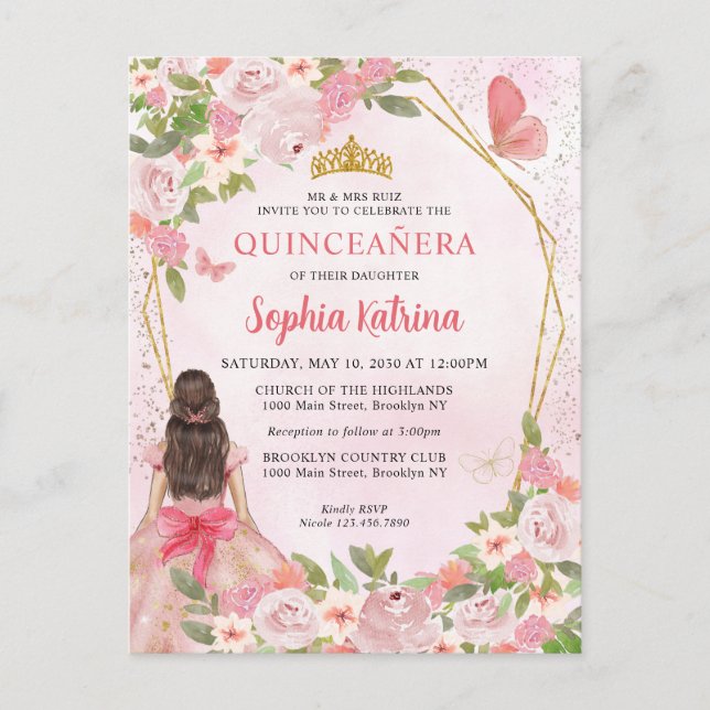 Invitation Carte Postale Glam Blush Gold Floral Princess Quinceañera (Devant)