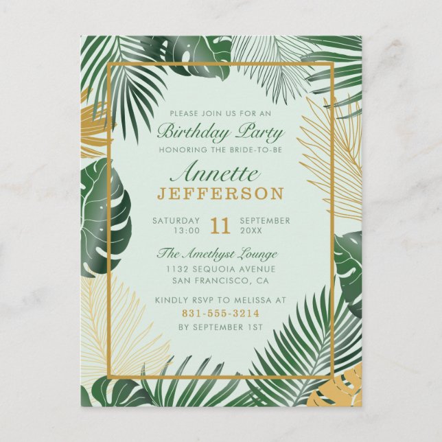 Invitation Carte Postale Glam Green Tropical Feuille moderne fête d'anniver (Devant)