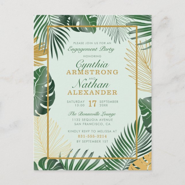 Invitation Carte Postale Glam Green Tropical Feuilles Modern Engagement Par (Devant)