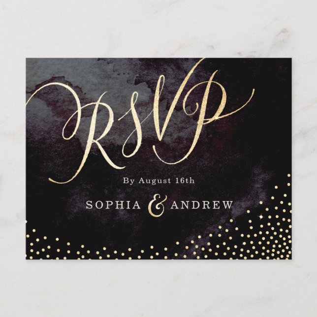 Invitation Carte Postale Glam noir faux or parties scintillant calligraphie (Devant)