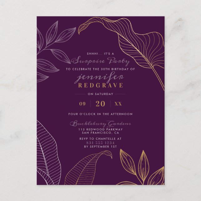 Invitation Carte Postale Glam Purple & Gold Feuilles Moderne Surprise Party (Devant)