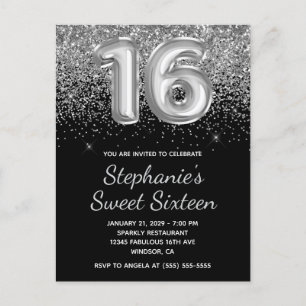 Invitation Carte Postale Glamour Argent Paillettes Ballon Noir Sweet Seize