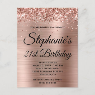 Invitation Carte Postale Glittery Rose Gold Fancy Monogramme 21e anniversai