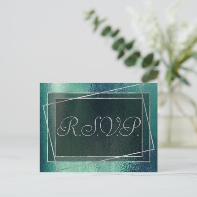 Invitation Carte Postale Glitzy Foil | Seafoam Green Aqua Faux Sparkle RSVP (Debout devant)