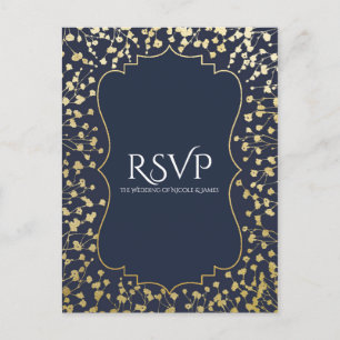 Invitation Carte Postale Gold Baby's Breath Floral Rustic Blue Wedding RSVP