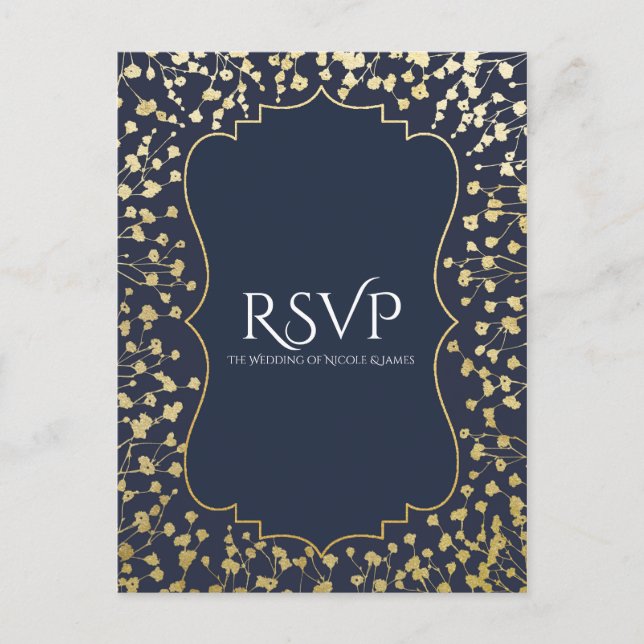 Invitation Carte Postale Gold Baby's Breath Floral Rustic Blue Wedding RSVP (Devant)