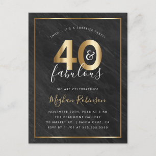 Invitation Carte Postale Gold & Black Marble 40 & Fabulous Surprise Party