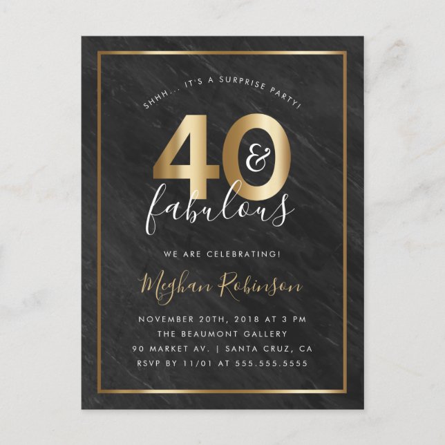 Invitation Carte Postale Gold & Black Marble 40 & Fabulous Surprise Party (Devant)
