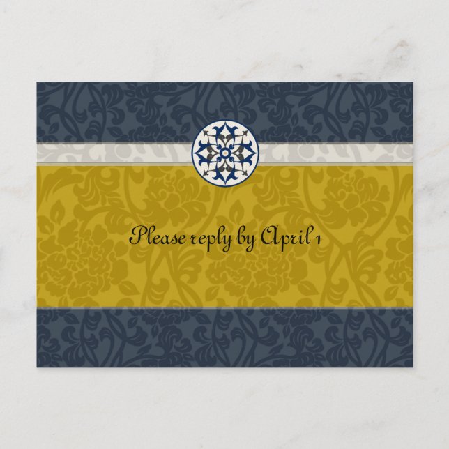 Invitation Carte Postale Gold & Blue Medieval Brocade rsvp (Devant)