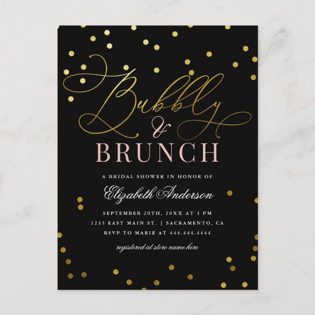 Invitation Carte Postale Gold Confetti Bubbly & Brunch Fête des mariées (Devant)