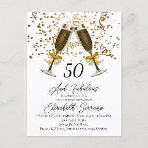 Invitation Carte Postale Gold Confetti Champagne Verres 50e anniversaire