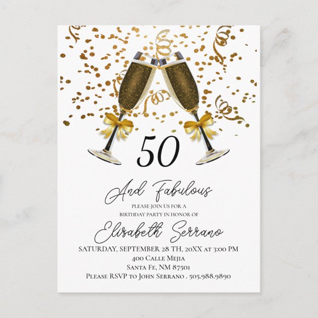 Invitation Carte Postale Gold Confetti Champagne Verres 50e anniversaire (Devant)