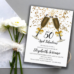 Invitation Carte Postale Gold Confetti Champagne Verres 50e anniversaire