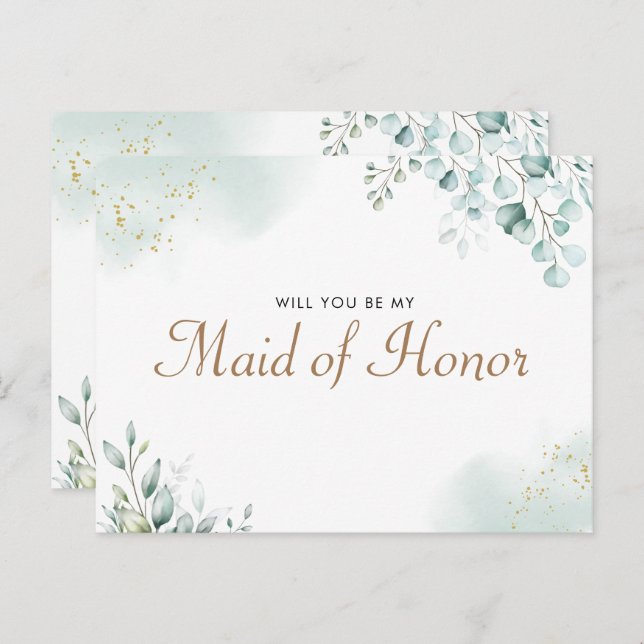 Invitation Carte Postale Gold Eucalyptus Green Maid of Honor Proposition (Devant / Derrière)