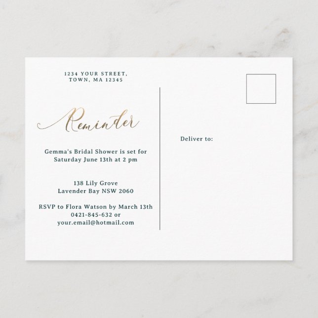 Invitation Carte Postale Gold Floral Forest Green rappel RSVP (Dos)