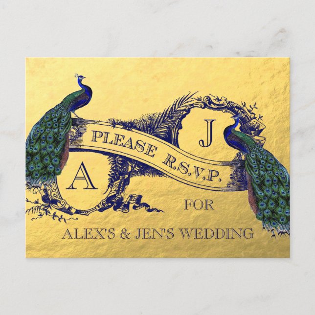 Invitation Carte Postale Gold Foil Peacock Wedding RSVP Postcard 2 (Devant)