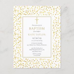 Invitation Carte Postale Gold Hearts Confetti Baptême Christening