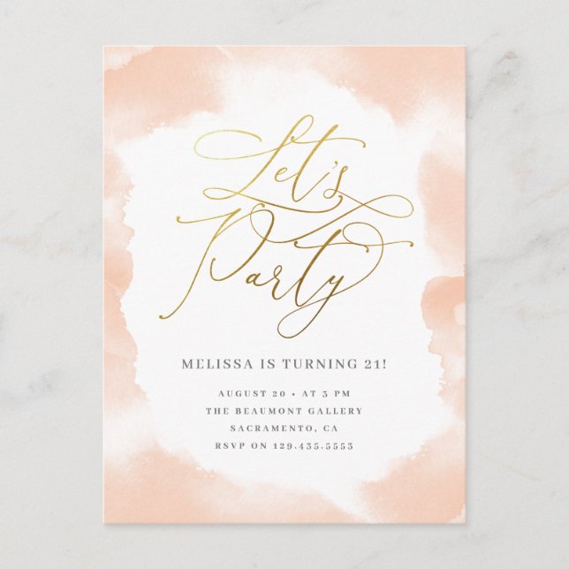 Invitation Carte Postale Gold Script Blush rose Aquarelle fête d'anniversai (Devant)