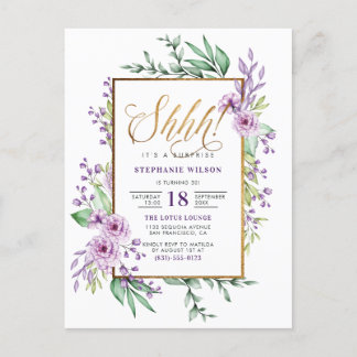 Invitation Carte Postale Gold Script Purple Floral Surprise fête d'annivers