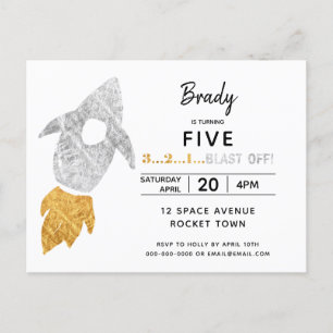 Invitation Carte Postale Gold Silver Rocket Ship Espace Extérieur Anniversa