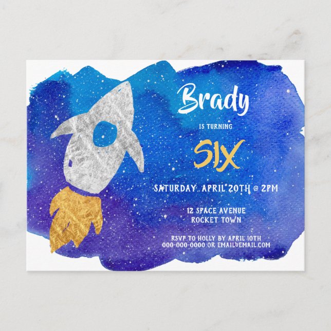 Invitation Carte Postale Gold Silver Rocket Ship Espace Extérieur Anniversa (Devant)