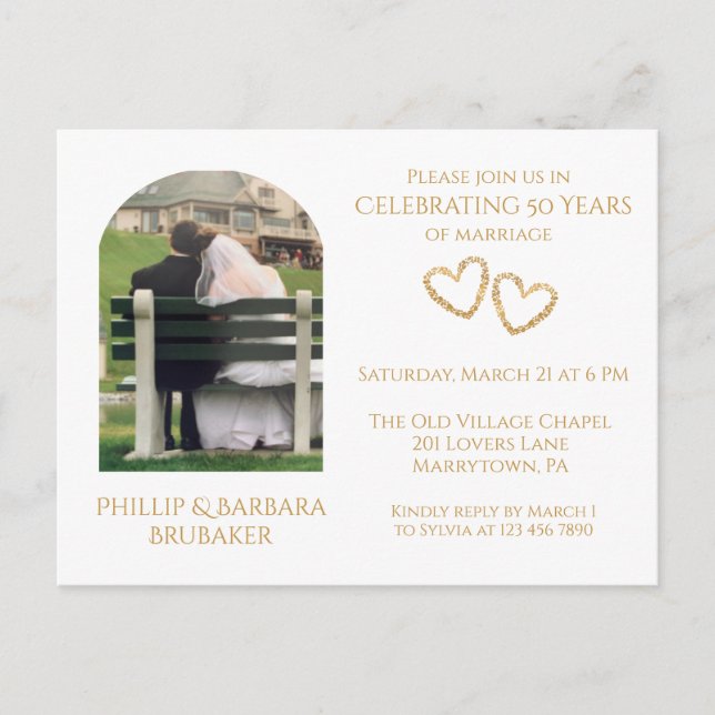 Invitation Carte Postale Golden 50th Mariage Anniversary Arch Coeurs photos (Devant)