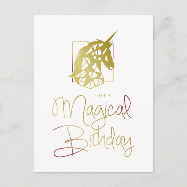 Invitation Carte Postale Golden and Red Unicorn for Magical Birthday (Devant)
