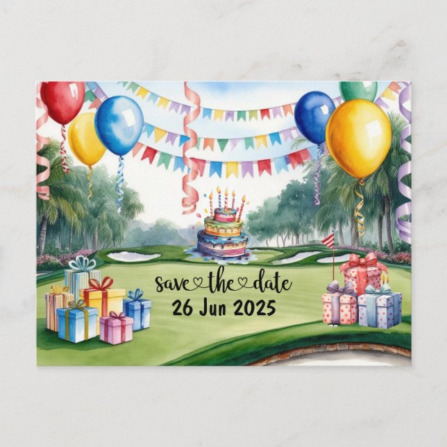 Invitation Carte Postale Golf Anniversaire Décor de fête sur le parcours (Devant)