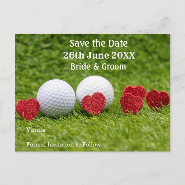 Invitation Carte Postale Golf Sauvegarder la date pour le mariage avec cœur (Devant)