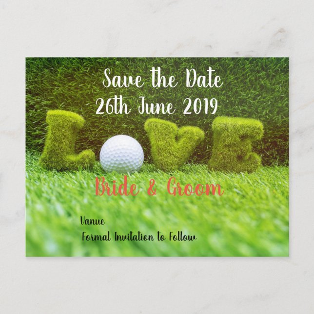 Invitation Carte Postale Golf Sauvegarder la date pour mariage avec balle d (Devant)