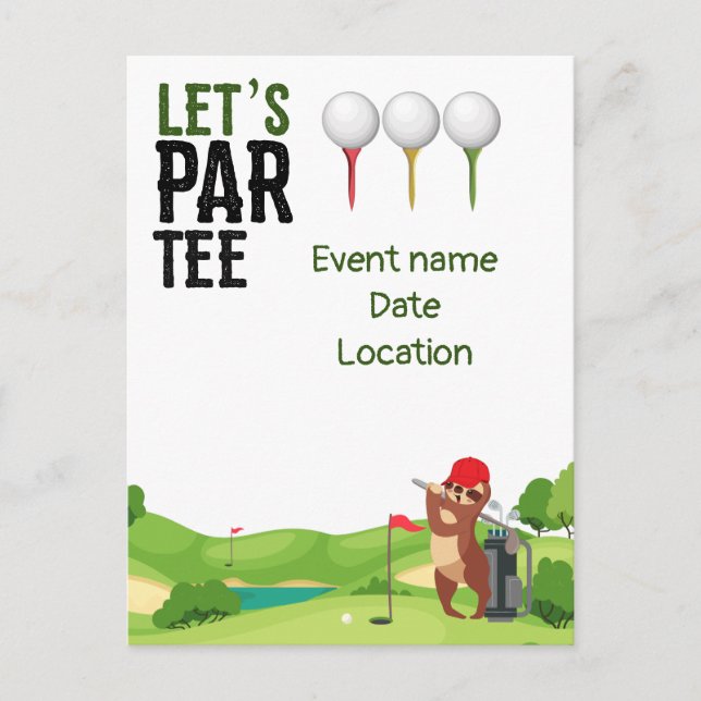 Invitation Carte Postale Golf Save the Date Let's Par Tee avec Sloth drôle (Devant)