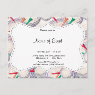 Invitation Carte Postale Golfer ; balles de golf et Motif Tee - shirt