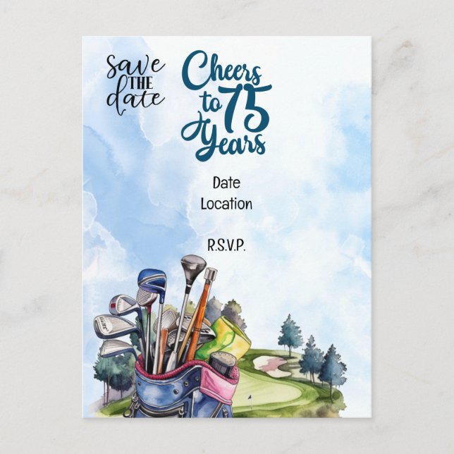 Invitation Carte Postale Golfeur 75e anniversaire avec sac de golf Sauvegar (Devant)