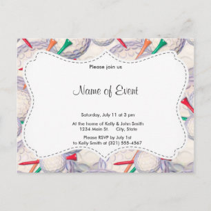 Invitation Carte Postale Golfeur ; Motif de boules et de tee - shirt de