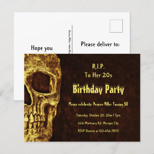 Invitation Carte Postale Gothique Crâne Jaune fête d'anniversaire RIP à ses