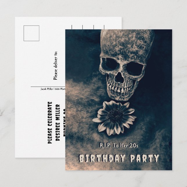 Invitation Carte Postale Gothique Crâne Tournesol RIP À ses 20 ans (Devant / Derrière)