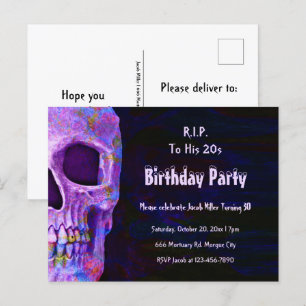Invitation Carte Postale Gothique Crâne violet fête d'anniversaire RIP à se