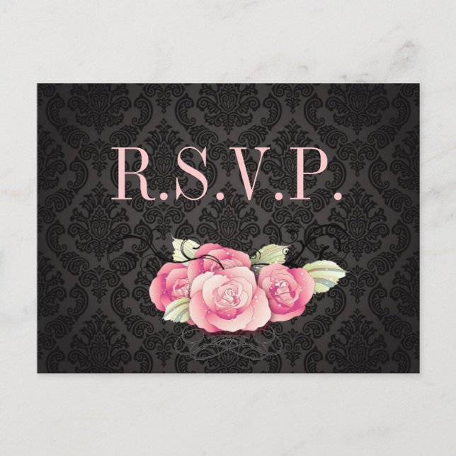 Invitation Carte Postale Gothique Noir damassé rose rose rose douche nuptia (Devant)