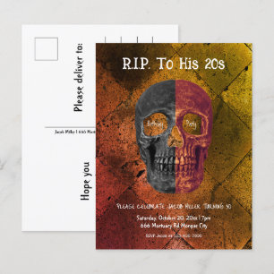 Invitation Carte Postale Gothique Orange Noir Demi-Crâne RIP à ses 20 ans