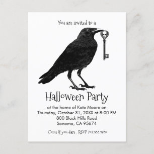 Invitation Carte Postale Gothique Raven Skeleton Key Halloween Party