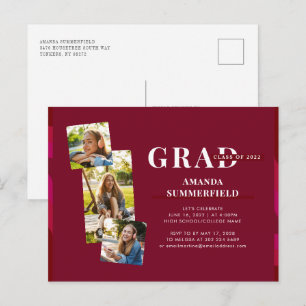 Invitation Carte Postale Grad 2022 Burgundy Photo Collage Graduation Party