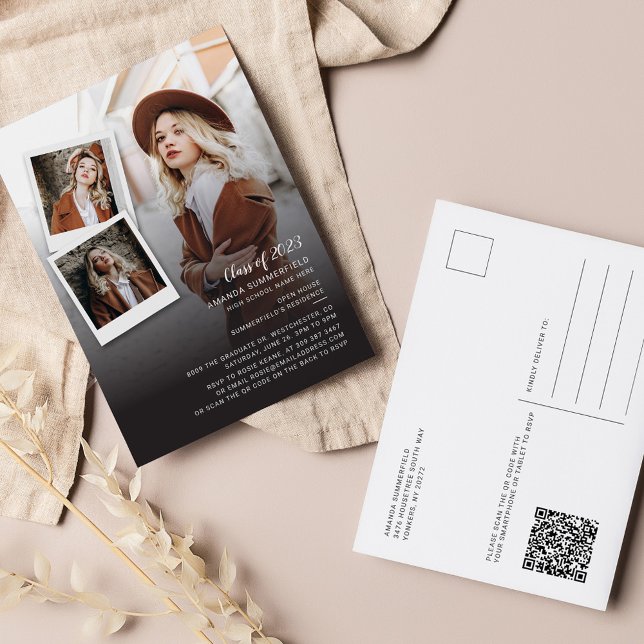 Invitation Carte Postale Grad 2025 Open House QR Code 3 Photos Graduation (Graduation Photo Collage Open House 2024 Party Invitation Postcard )