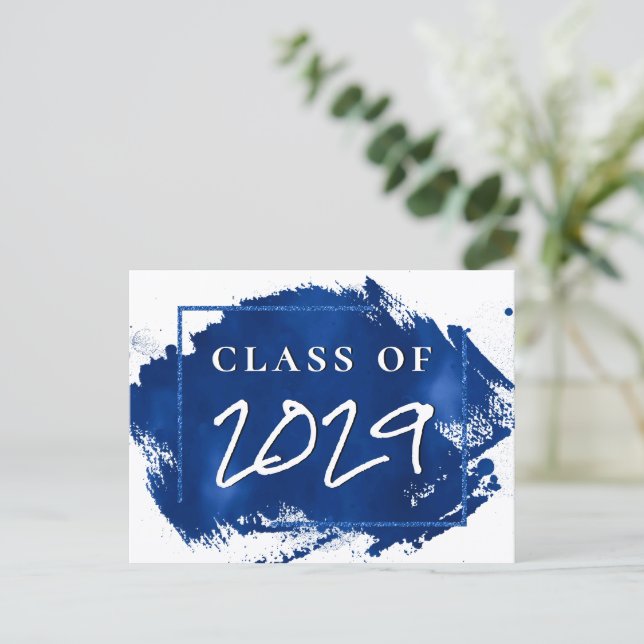 Invitation Carte Postale Grad peint | Blue Splatter Brushstroke Party (Debout devant)