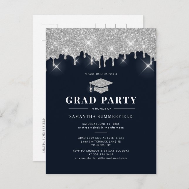 Invitation Carte Postale Graduate 2022 Marine Silver Parties scintillant Gr (Devant / Derrière)