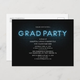 Invitation Carte Postale Graduation 2025 Blue Neon Grad Party