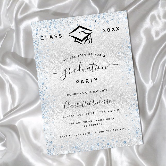 Invitation Carte Postale Graduation argent bleu clair (Créateur téléchargé)