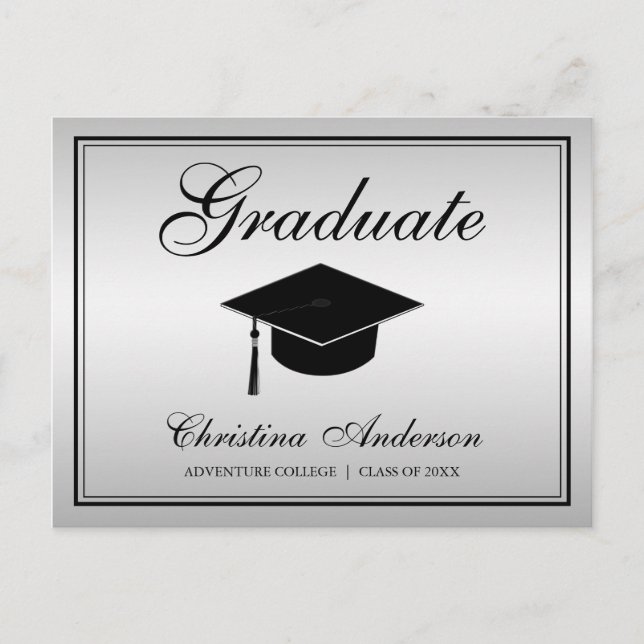 Invitation Carte Postale Graduation Black Grad Casquette & Script sur Silve (Devant)