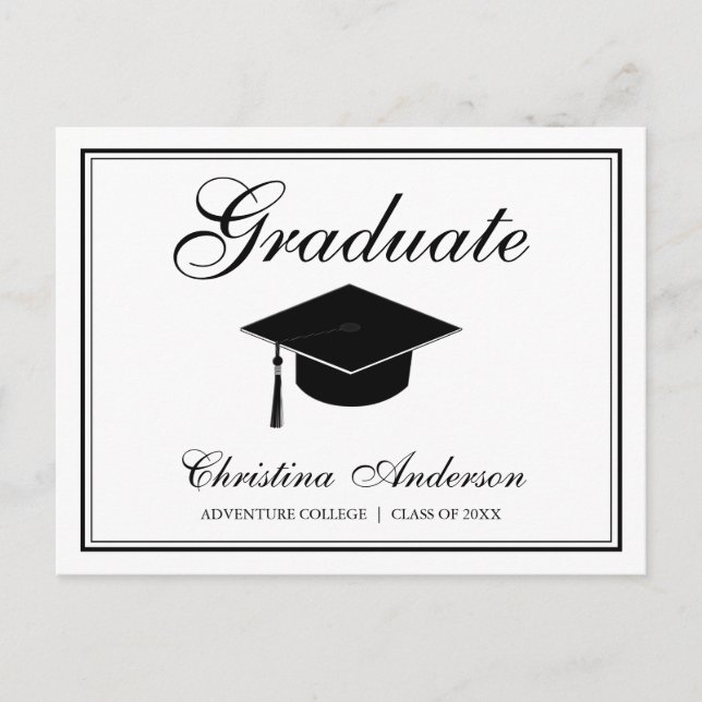 Invitation Carte Postale Graduation Black Grad Casquette & Script sur White (Devant)