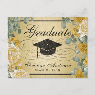 Invitation Carte Postale Graduation Casquette d'or Roses Floral