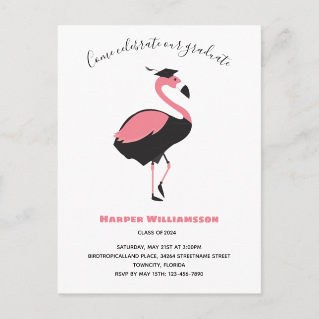 Invitation Carte Postale Graduation d'animal de Flamant rose rose (Devant)